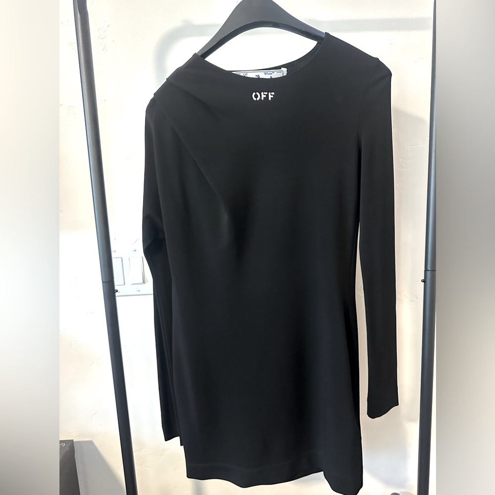 Off-White black mini evening dress with pleated detail on right sleeve. Size 38